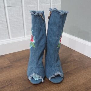 Embroidered Denim Peep Toe Heels
